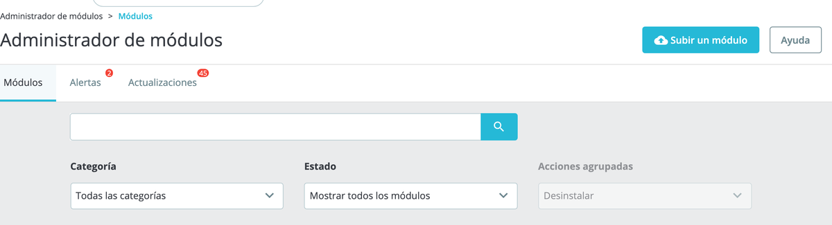 Pantalla del administrador de módulos de PrestaShop con el botón «Subir un módulo» arriba a la derecha