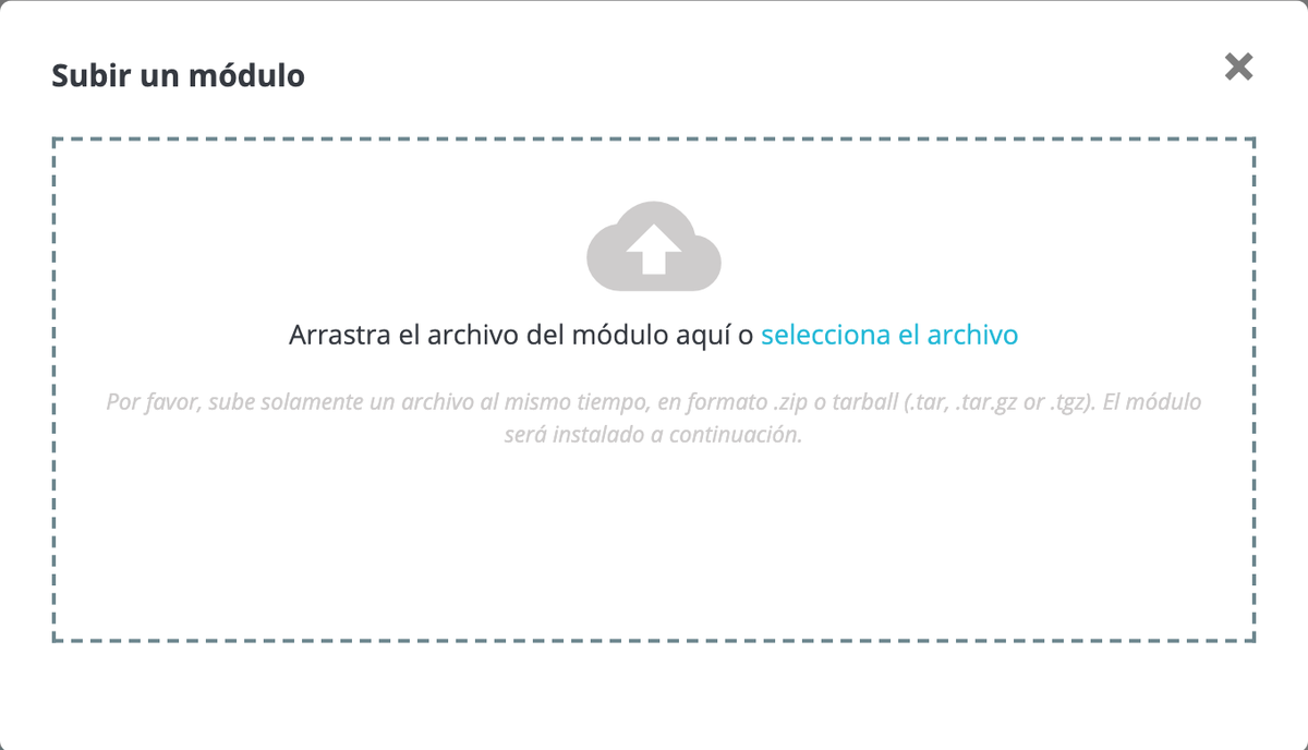 Ventana de PrestaShop para subir un módulo, con el recuadro donde arrastrar el archivo zip