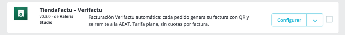 Ficha del módulo TiendaFactu en la lista de módulos, con el botón Configurar a la derecha