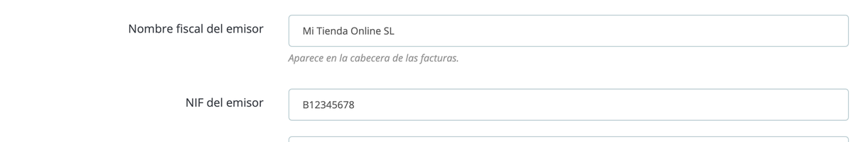Campos de nombre fiscal del emisor y NIF del emisor en la configuración del módulo