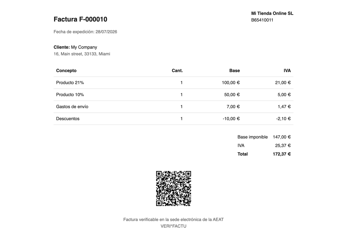 Factura generada por el módulo, con el desglose de IVA y el código QR oficial de la AEAT